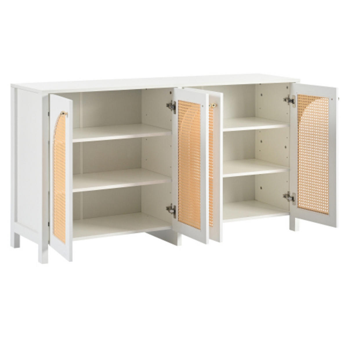 SIDEBOARD mit vier gebogenen Rattan-Türen & Metallgriffen weiß 145×80×40 cm aus MDF - Weiß, Holzwerkstoff (145/40/80cm) - Luhomfu