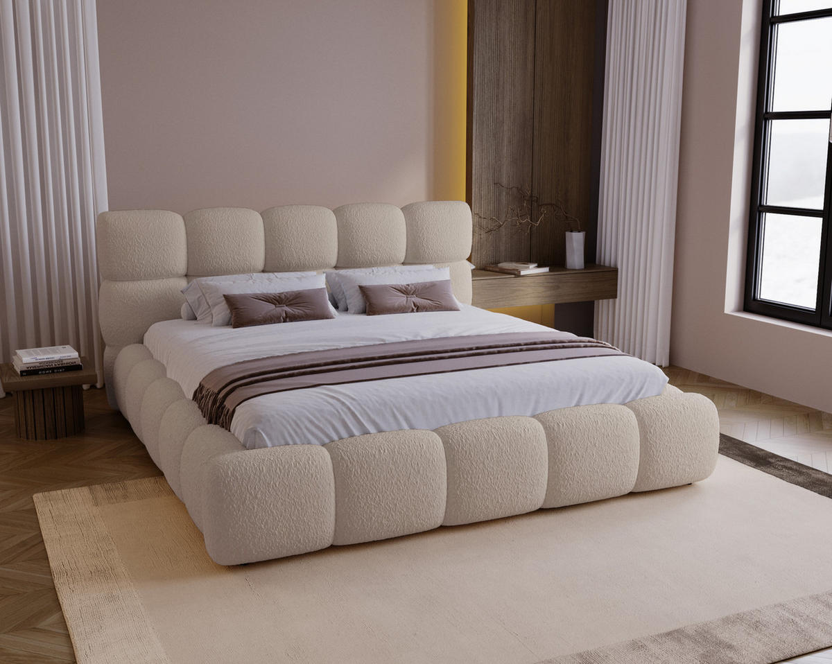 DOPPELBETT 200x200 Lucca mit Bettkasten, Stoff Bouclé, Beige - Beige, Holz/Textil (200/200cm) - Emporius