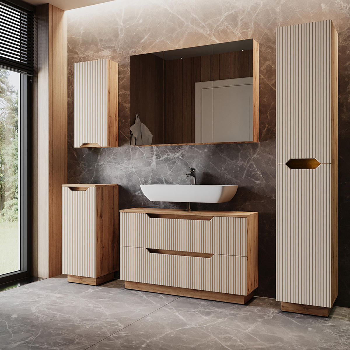 BADMÖBEL-SET Lotta Eiche/Kaschmir gestreift 5 Teile - Kaschmir, Holzwerkstoff (99.4/62.5/32cm) - Vicco