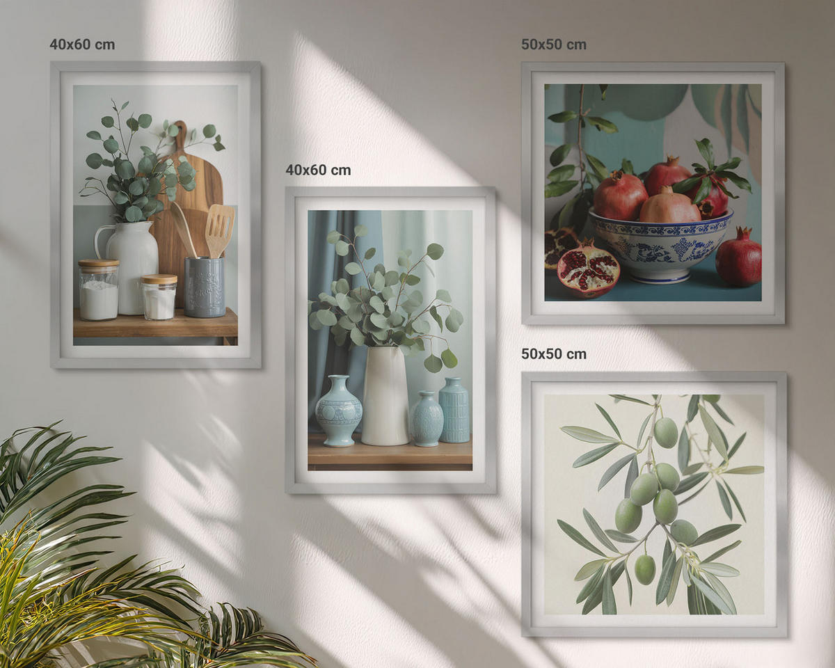 BILDER SET 4er Set - 50x50 cm & 40x60 cm Silberner Rahmen - Grüne Oliven, Eukalyptus - Silberfarben, Kunststoff (50/50cm) - TULUP