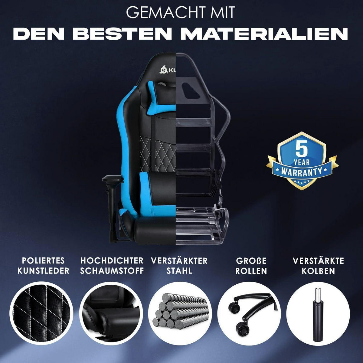 GAMING Stuhl mit 4D-Armlehnen und Kopf- & Lendenkissen Blau - Blau, Kunststoff (57/57/140cm)