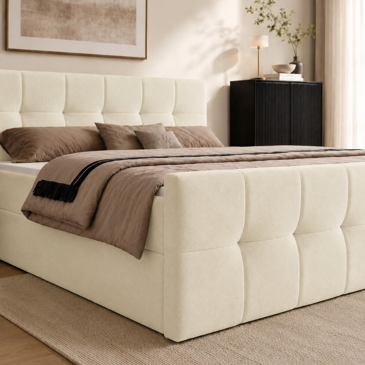 BOXBETT AUREN FRONT 160x200 cm Komplett-Set mit Bonell-Matratze, Topper und Bettkasten, Samt Schwarz - Schwarz, Textil (160/200cm) - Luxkor24