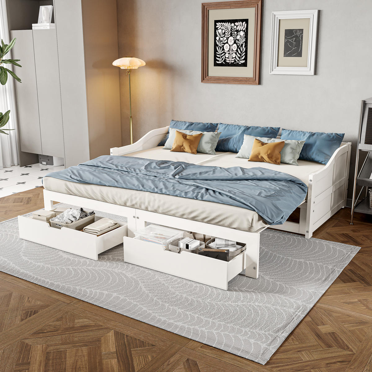AUSZIEHBETT 90/180/200 cm aus Massivholz mit 2 Schubladen - Weiß, Holz/Metall (180/200cm) - PARAFTA HOME