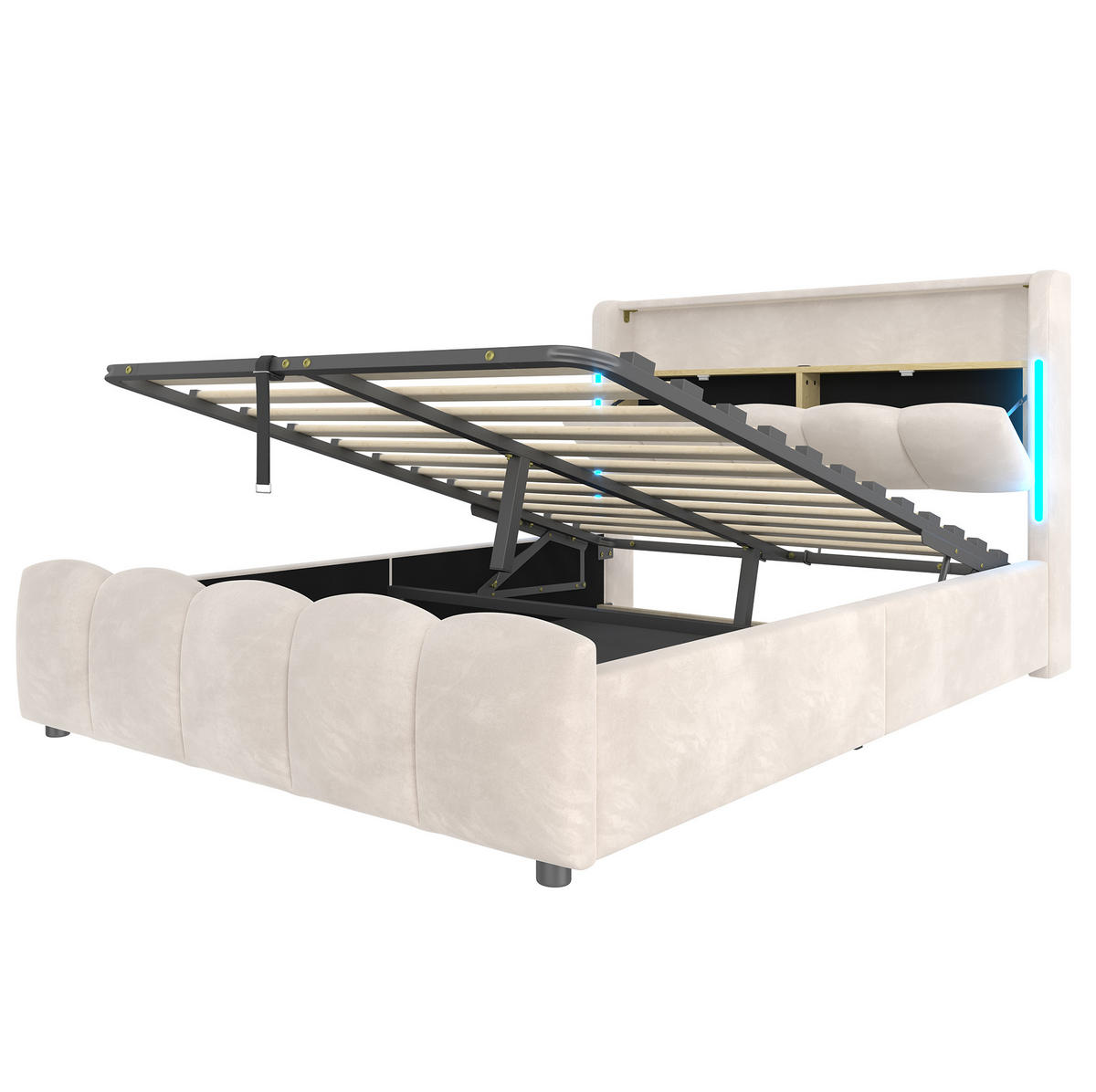 POLSTERBETT 140/200 cm mit LED-Beleuchtung, Kopfteil-Staufach, hydraulischem Bettkasten, USB und Typ-C, Samt, Beige - Beige, Textil (140/200cm) - Redom