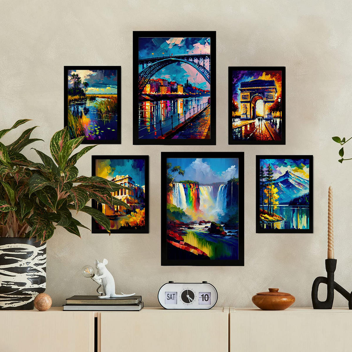 POSTER Set Mit 6 Regenbogen Im Ölgemälde Stil A3 & A4 Schwarzer Rahmen - Schwarz, Papier (29/3cm) - Nacnic