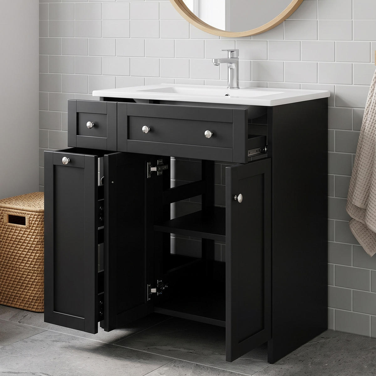 WASCHTISCH 76cm Keramikbecken 3 Schubladen Schwarz lackiert - Schwarz, Holzwerkstoff (76/86/47cm) - Urban Meuble