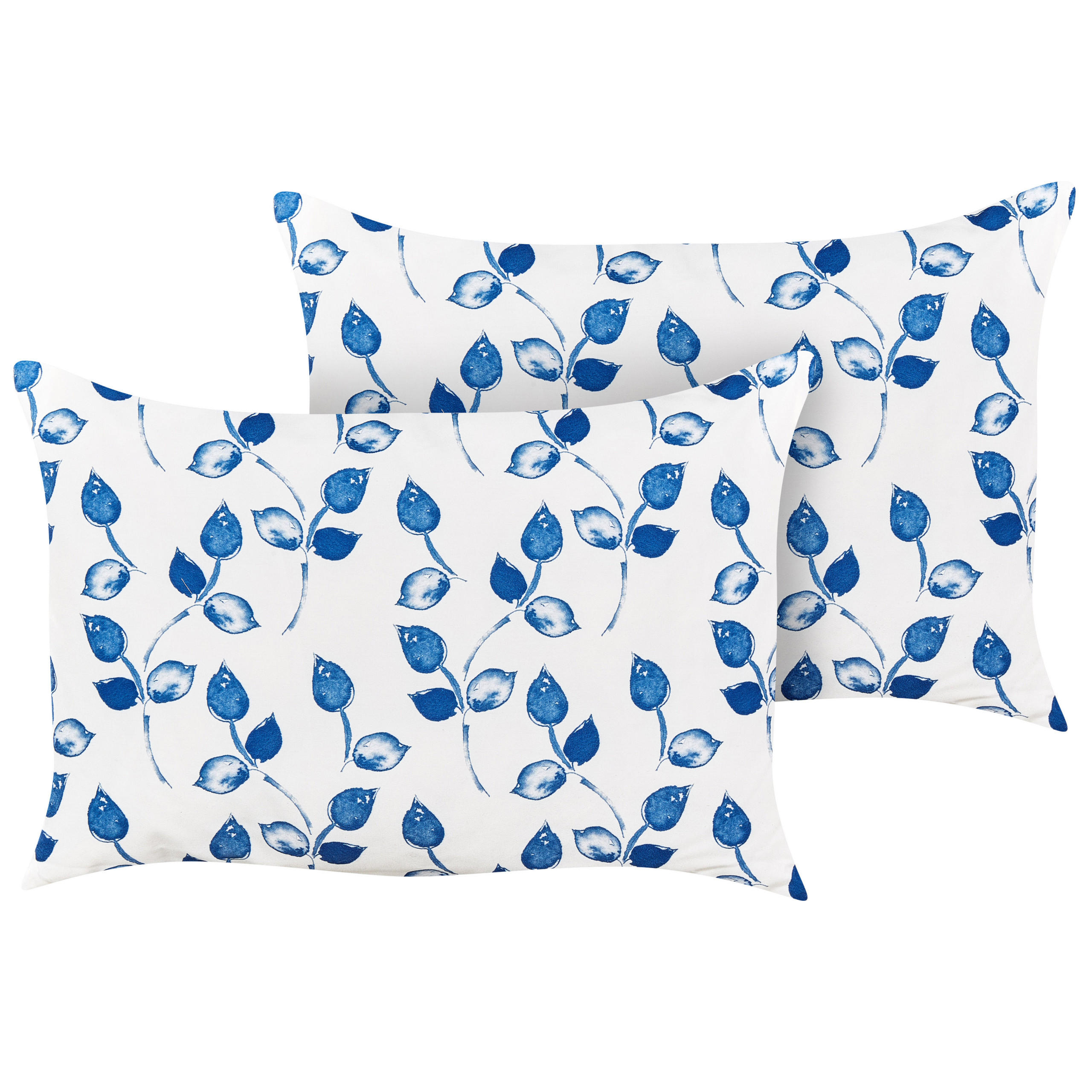 GARTENKISSEN 2er-Set Blattmotiv weiß/blau 40/60 cm Torbora - Weiß, Textil (40/60cm) - Beliani