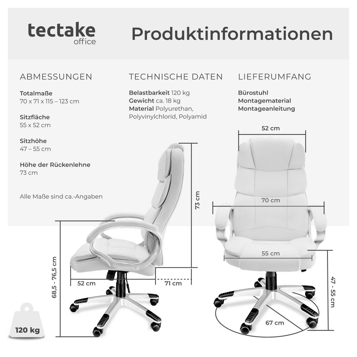 BÜROSTUHL Jonas, einstellbare Wippfunktion, weiß - Weiß, Textil (70/123/71cm) - tectake