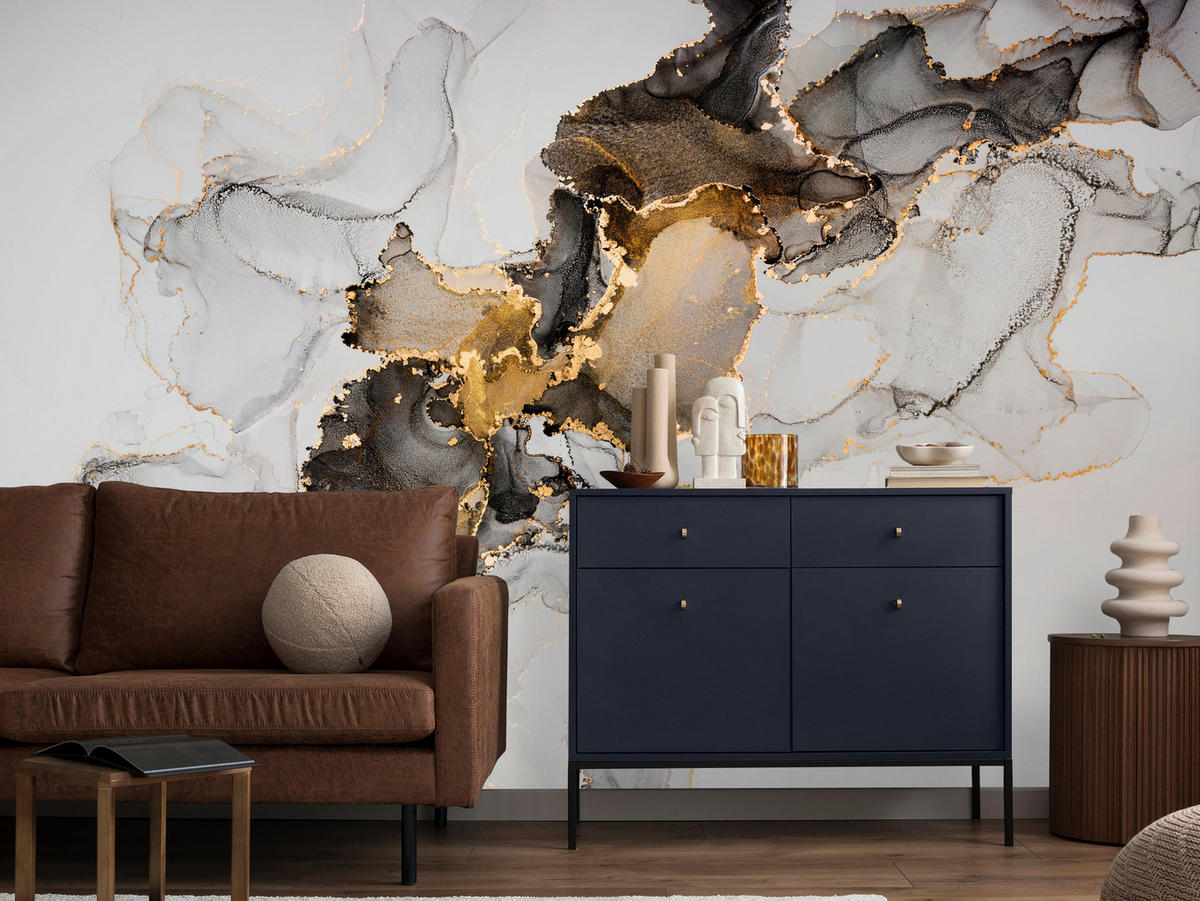 FOTOTAPETE für Badezimmer Moderner Grauer Marmor Gold Schwarz Imitation 400x280 - Beige/Grau, Papier (400/280cm) - Muralo