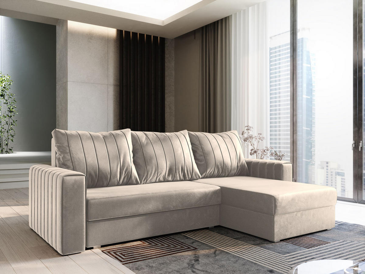 ECKSOFA CARL Beige Plüsch-Stoff mit Schlaffunktion - Beige, Holz (236/150cm) - MASSENO