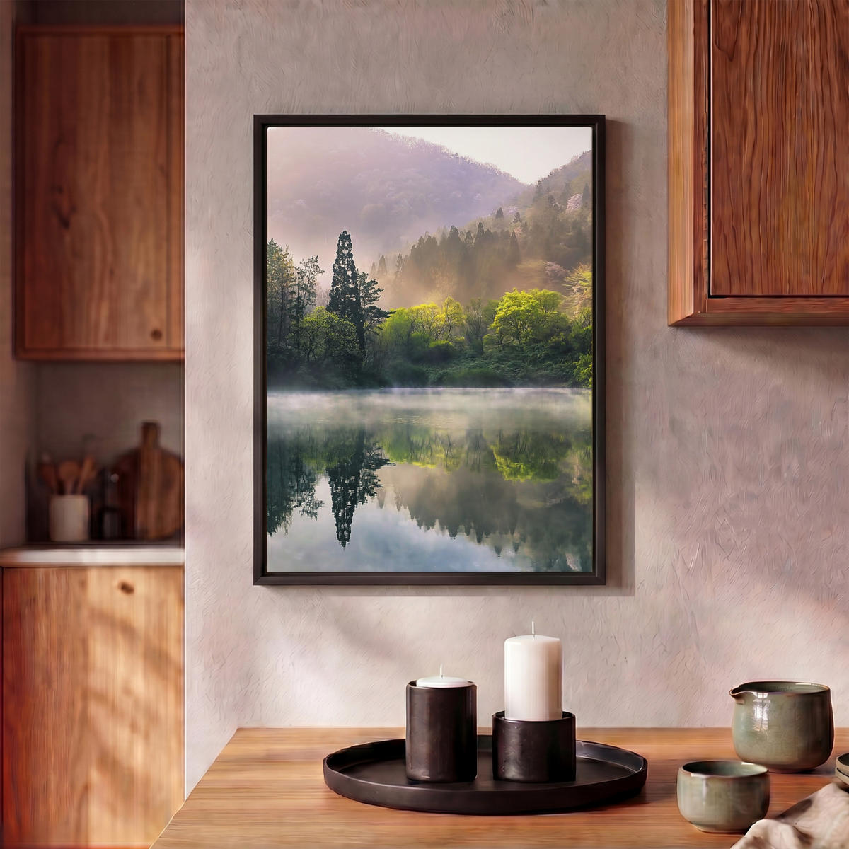 LEINWAND Bilder mit Rahmen - Natur - Bäume - Berge - See - Wasser - 30x40 - Hellgrün, Textil (30/40cm) - MuchoWow
