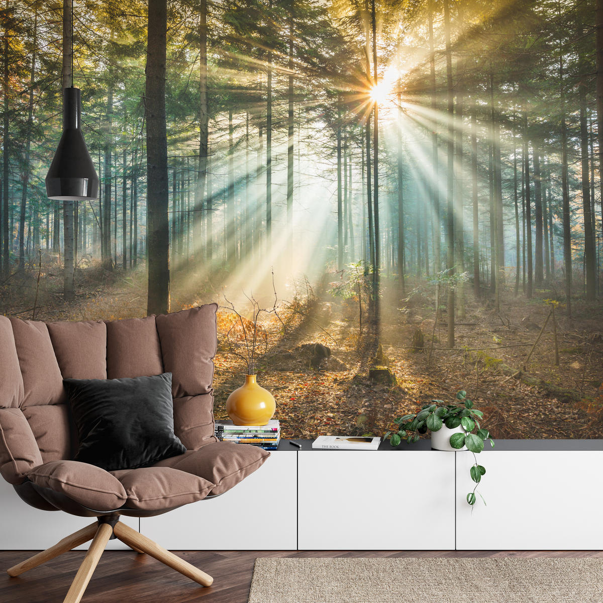 FOTOTAPETE für Wohnzimmer Herbstwald Sonnenuntergang Bäume Natur 500x350 - Beige/Gelb, Papier (500/350cm) - Muralo