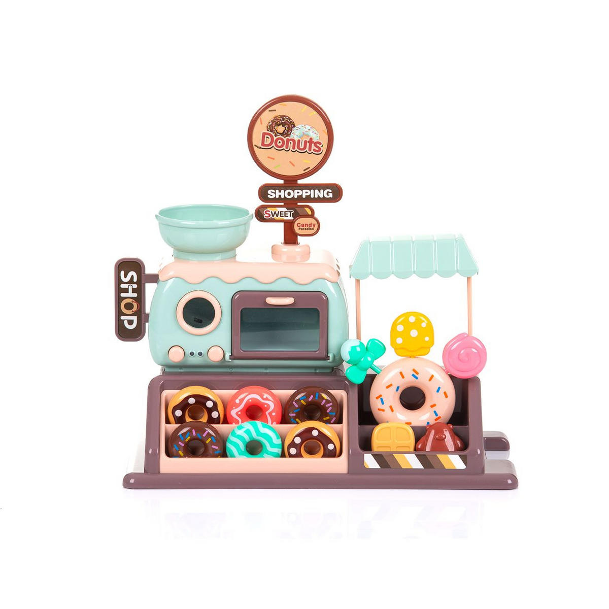 KAUFLADEN Donut Shop 34-teilig braun Donut-Shop, Mini-Ofen, Licht, Donuts, Kekse, Lutscher, Spielgeld - Braun, Kunststoff (14/27/30cm) - Chipolino