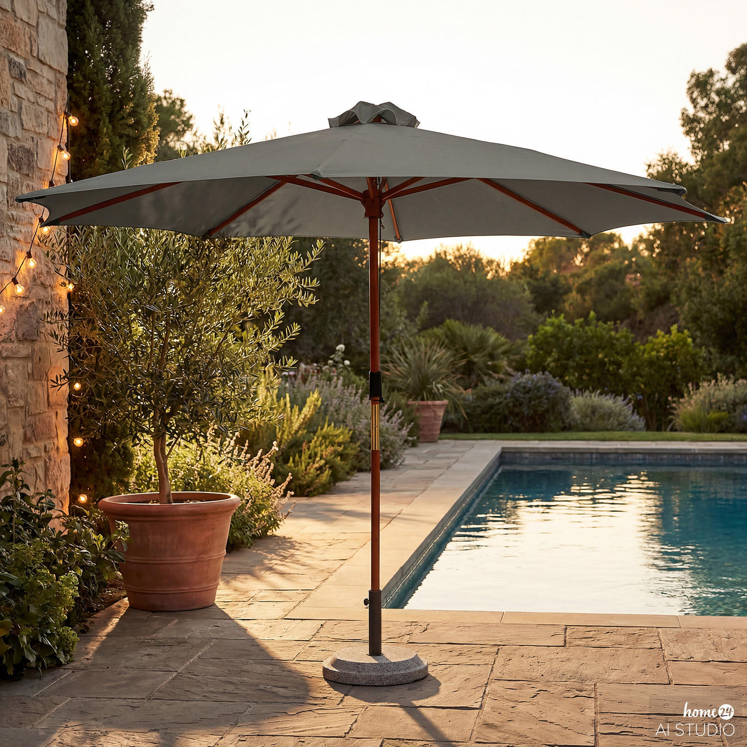 SONNENSCHIRM - Eukalyptus massiv / Polyester - Salbeigrün, Holz/Textil (300/300cm) - home24