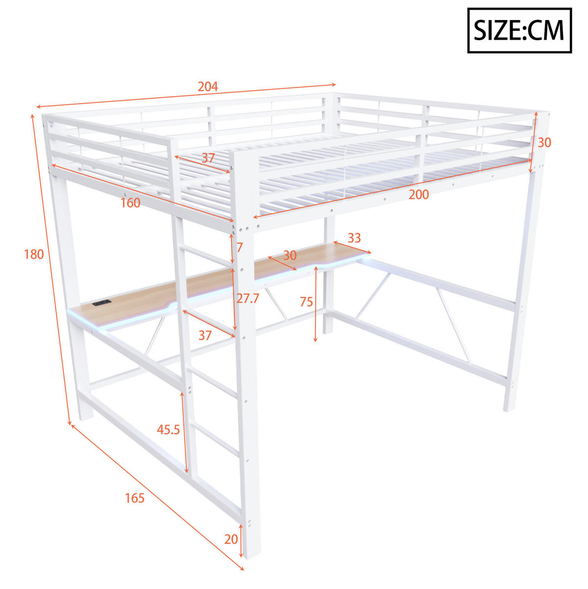 GAMING-HOCHBETT aus Metall und MDF 160x200 cm Weiß mit Schreibtisch, LED-Beleuchtung und Rundum-Schutz - Weiß, Holzwerkstoff (160/200cm) - Modfu