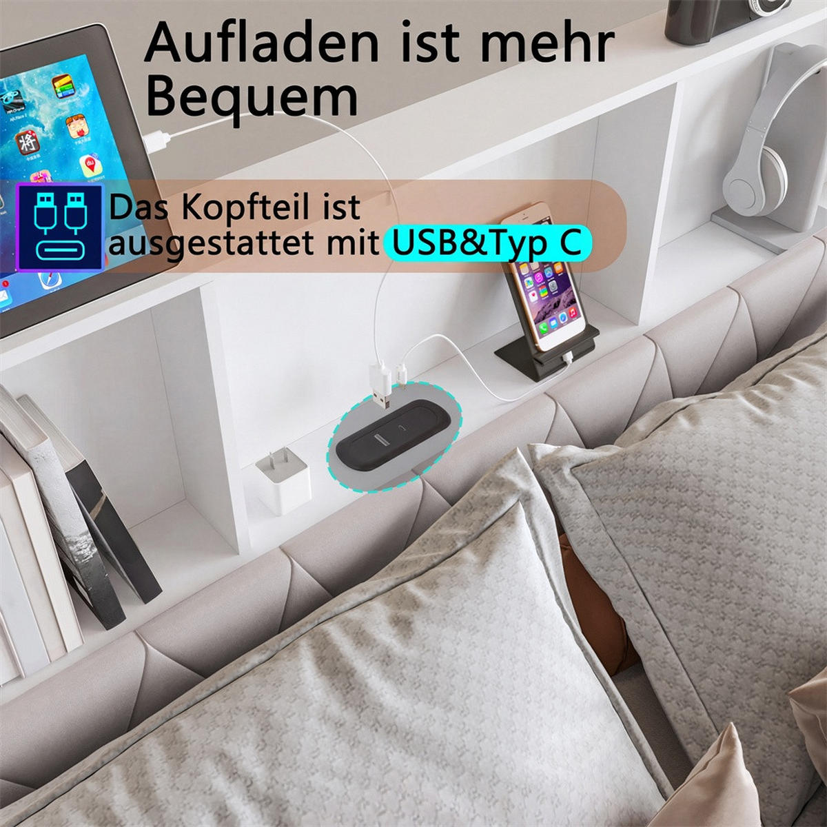 POLSTERBETT 160x200 cm mit 4 Schubladen - Kopfteil mit Stauraumfächern,USB&Type-C Ladestation und LED-Beleuchtung - Beige, Textil (160/200cm) - DELFA