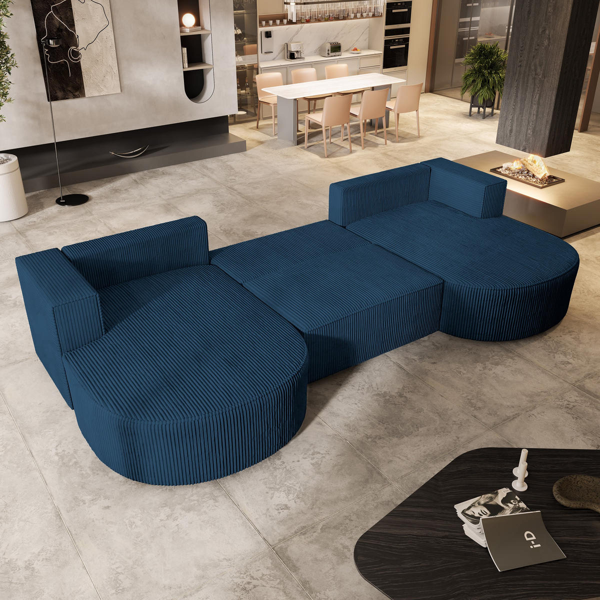 WOHNLANDSCHAFT VEZZO P Blau Kordstoff mit Schlaffunktion - Blau, Holz (347/85/174cm) - MASSENO