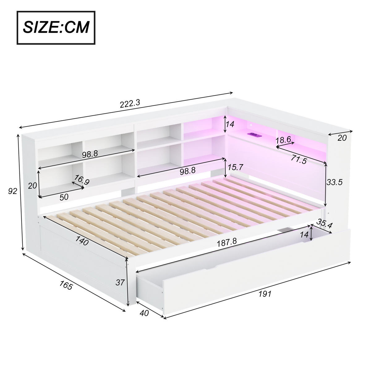 BETT 140x200 cm Weiß mit USB-Steckdose, LED-Beleuchtung und viel Stauraum - Weiß, Holzwerkstoff (140/200cm) - Modfu