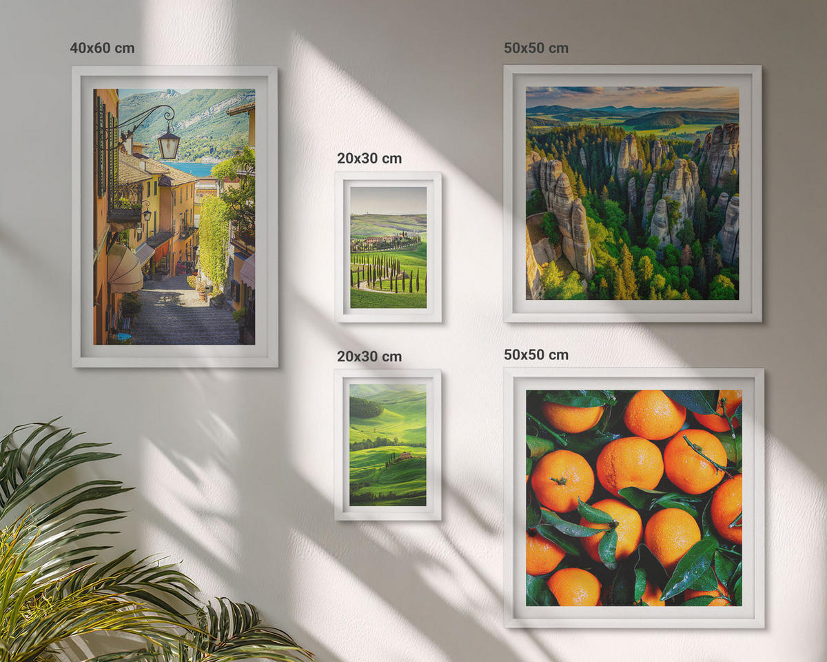 WANDBILDER 5er-Set - 50x50 cm & 20x30 cm & 40x60 cm Weißer Rahmen - Italienische Landschaft Orangen Natur - Weiß, Kunststoff (40/60cm) - ArtPrintCave