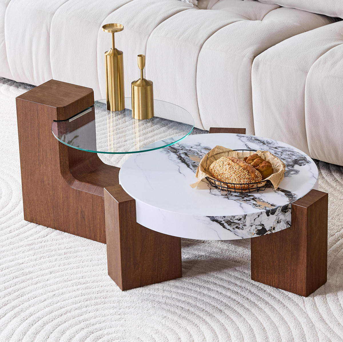 COUCHTISCH aus MDF und Glas 61x30 cm in Nussbaum mit 2-in-1 Design - Nussbaumfarben, Holzwerkstoff (61/61/30cm) - Modfu