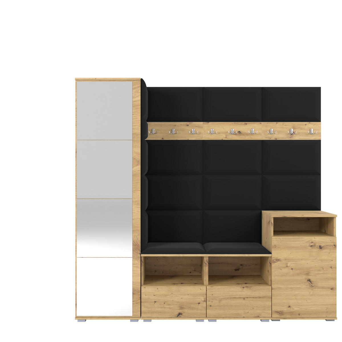 GARDEROBE NELA X 200 cm (Modulare Flurmöbel Artisan Eiche mit Spiegel & Sitzpolster Schwarz 16 Schrank + Sideboard) - Silberfarben/Schwarz, Holz/Holzwerkstoff (200/187/40cm) - Ravio