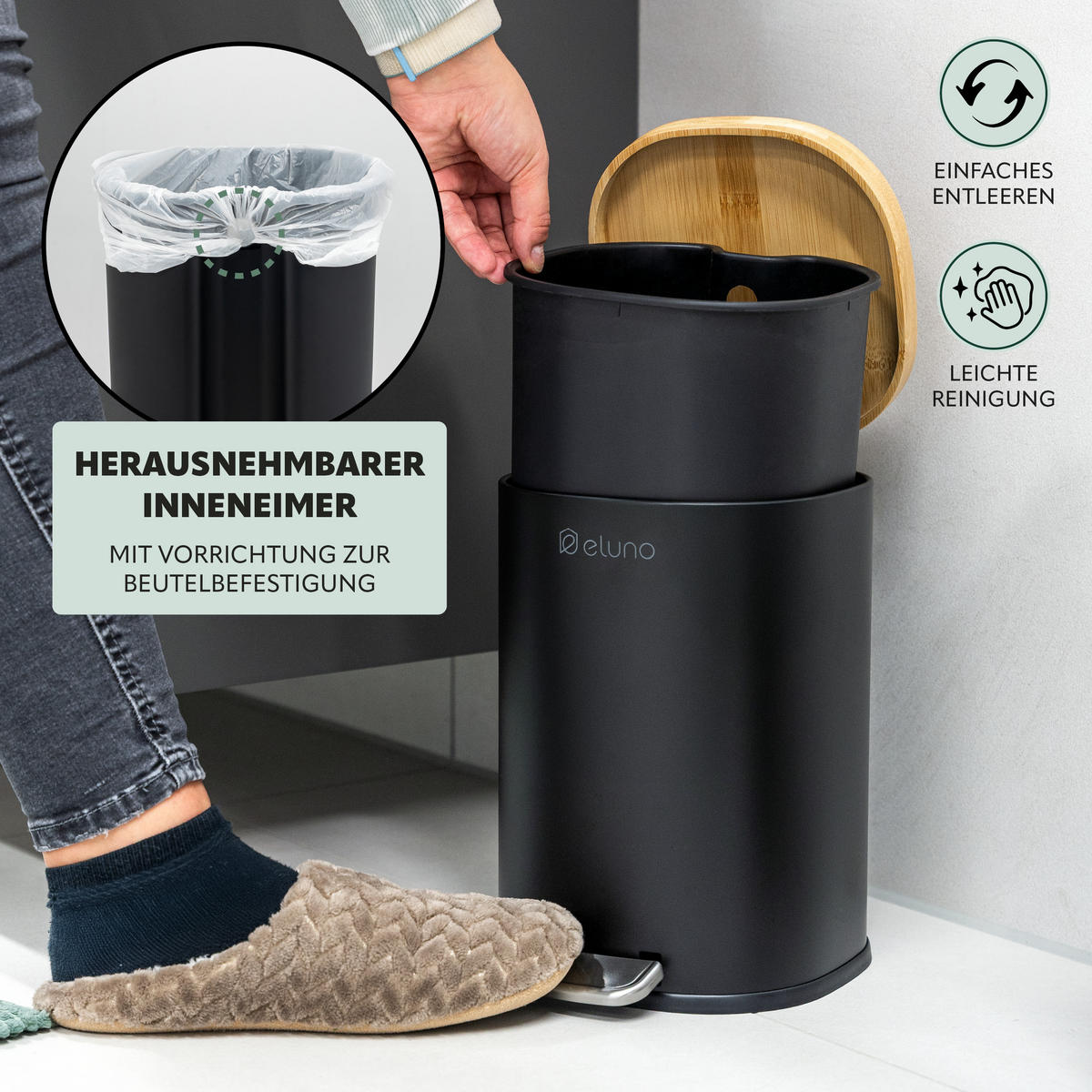 KOSMETIKEIMER FRAMURA, Metall mit Bambus, schwarz - Schwarz, Metall (18.5/27.5/23cm) - eluno