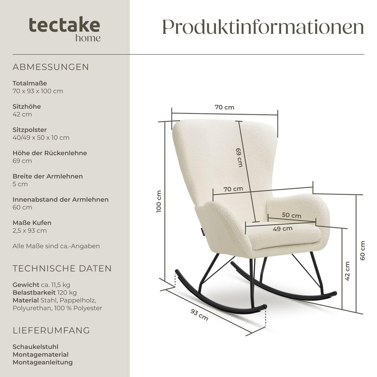 SCHAUKELSTUHL Swing, 70 x 93 x 100 cm, Belastbarkeit 120 kg, creme/schwarz - Creme/Schwarz, Kunststoff (70/100/93cm) - tectake