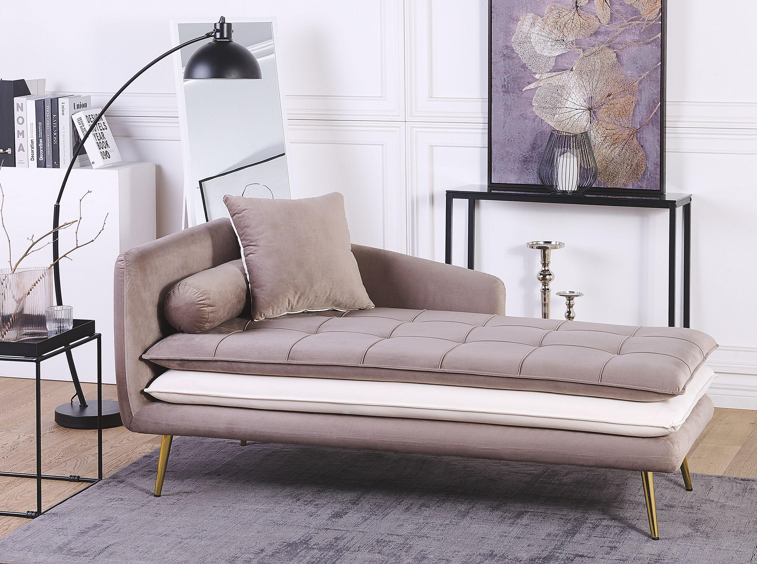 CHAISELONGUE Samtstoff hellbraun/weiß linksseitig Gonesse - Goldfarben/Weiß, Textil (164/72/77cm) - Beliani
