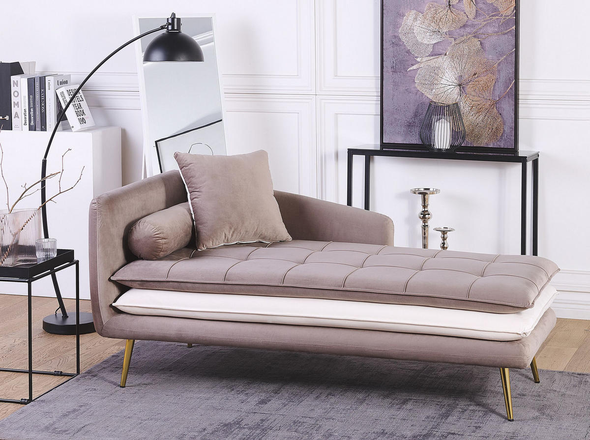 CHAISELONGUE Samtstoff hellbraun/weiß linksseitig Gonesse - Goldfarben/Weiß, Textil (164/72/77cm) - Beliani