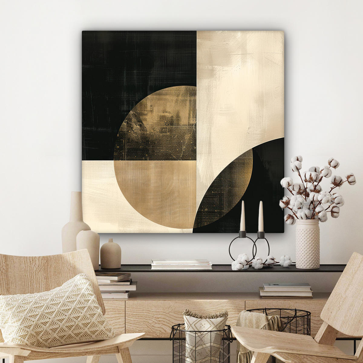 LEINWANDBILD Abstrakt - Geometrische Formen - Schwarz - Gold Deko Groß 90x90 cm - Ecru, Textil (90/90cm) - MuchoWow