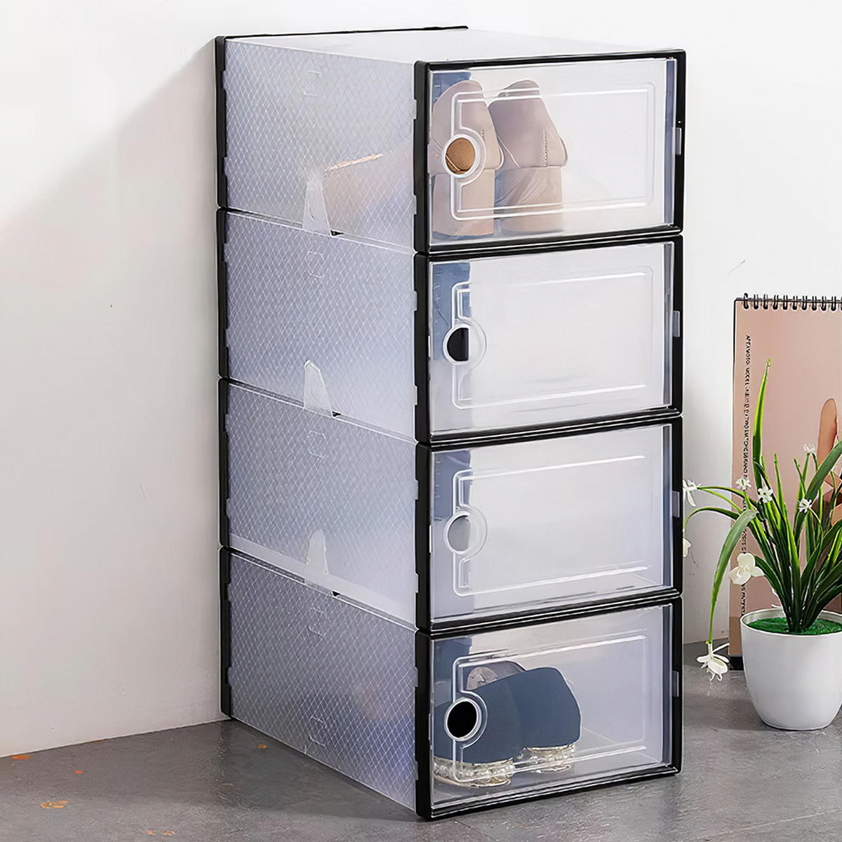 SCHUHBOXEN Kunststoff Schwarz 12er-set 33x23x14cm- Einfacher doppelrahmen klappbarer mehrschichtiger Aufbewahrungsständer - Schwarz, Kunststoff (23/14/23cm) - Livingandhome