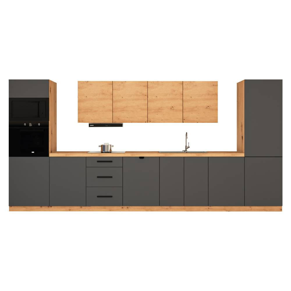 KÜCHENZEILE 440 cm - Langen KL7-M440 in Grau / Artisan Eiche - Schwarz/Eiche Artisan, Holz/Metall (440/212/58cm)