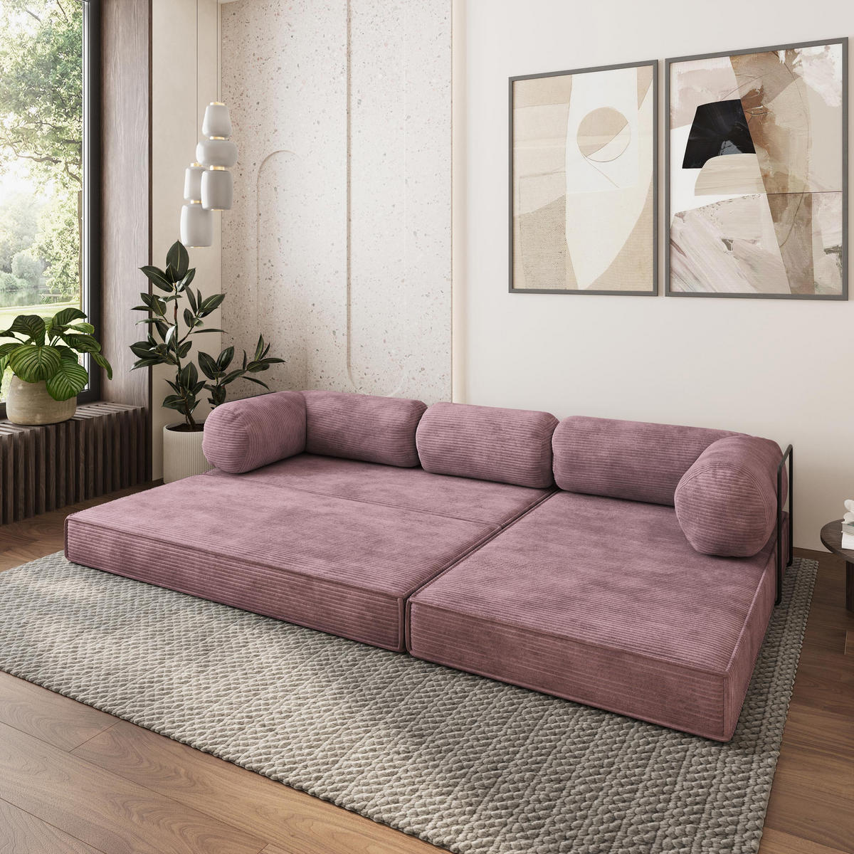 ROHOVÁ SEDAČKA ETERA modulární Boneless pohovka s funkcí spaní, šeříková POSO 130 - fialová, textil (270/160cm) - MASSENO