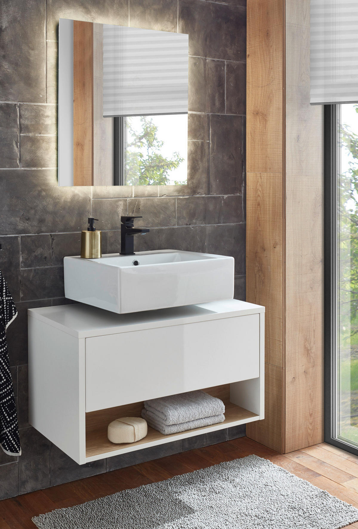 BADMÖBEL-SET 2-teilig weiß Hochglanz und Eiche, Badezimmer Set mit LED Beleuchtung, 80 cm - Weiß Hochglanz, Glas/Holzwerkstoff (80/190/46cm) - Furn.Design