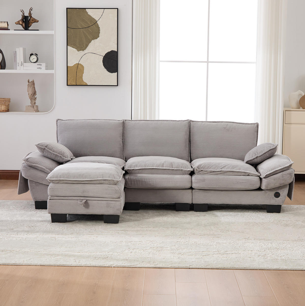 ECKSOFA 260/132/84 cm hellgrau aus Cord mit Hocker und USB-C - Hellgrau, Textil (132/260cm) - OKWISH