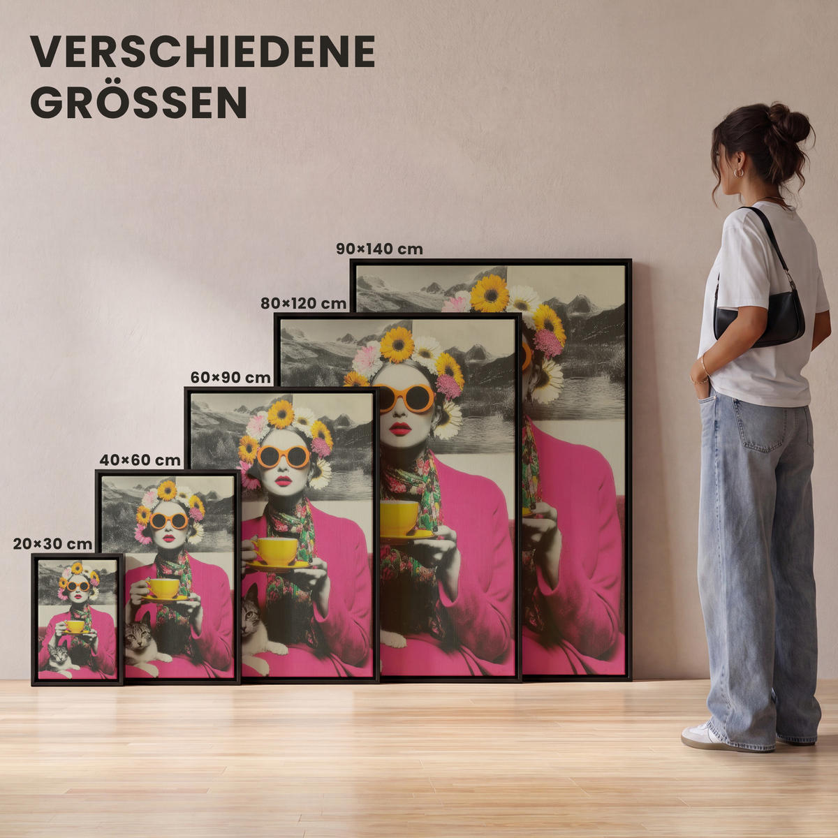 LEINWAND Bilder mit Rahmen - Frau - Katze - Blumen - Tasse - Retro - 20x30 - Magenta, Textil (20/30cm) - MuchoWow