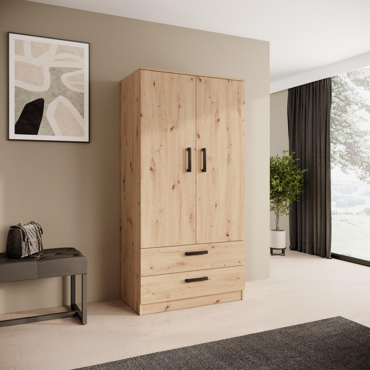 DREHTÜRENSCHRANK Trend, mit Schubladen, eiche Artisan - Schwarz/Eiche Artisan, Holzwerkstoff (90/180/50cm) - Beautysofa