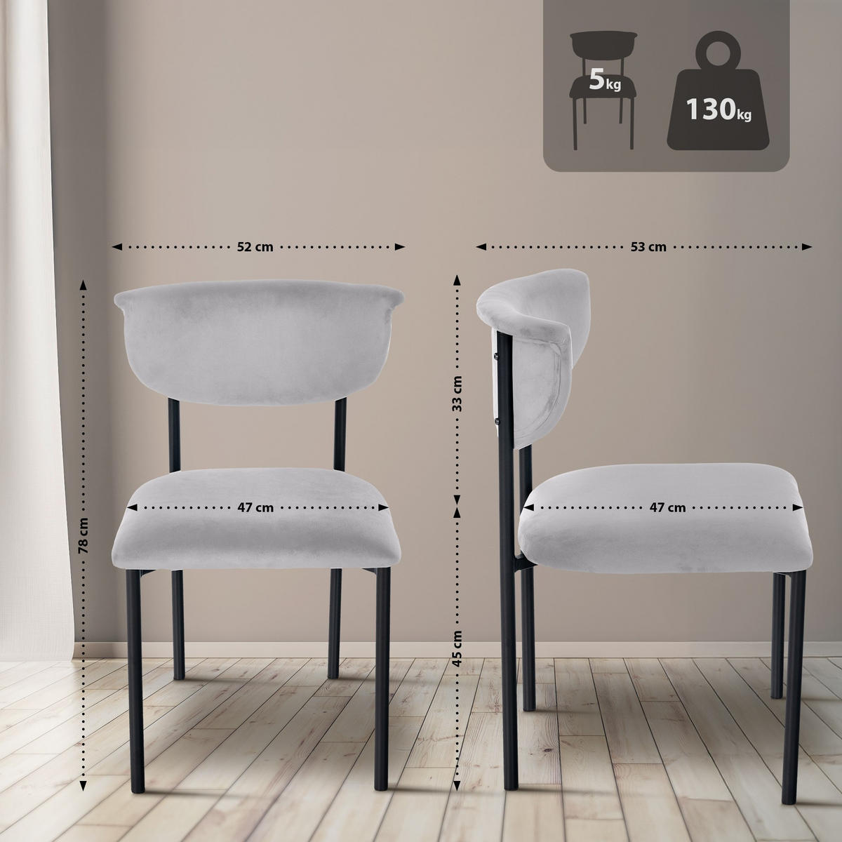 STUHL 2er Set Samt Grau - Grau, Textil/Metall (52/78/53cm) - CLP