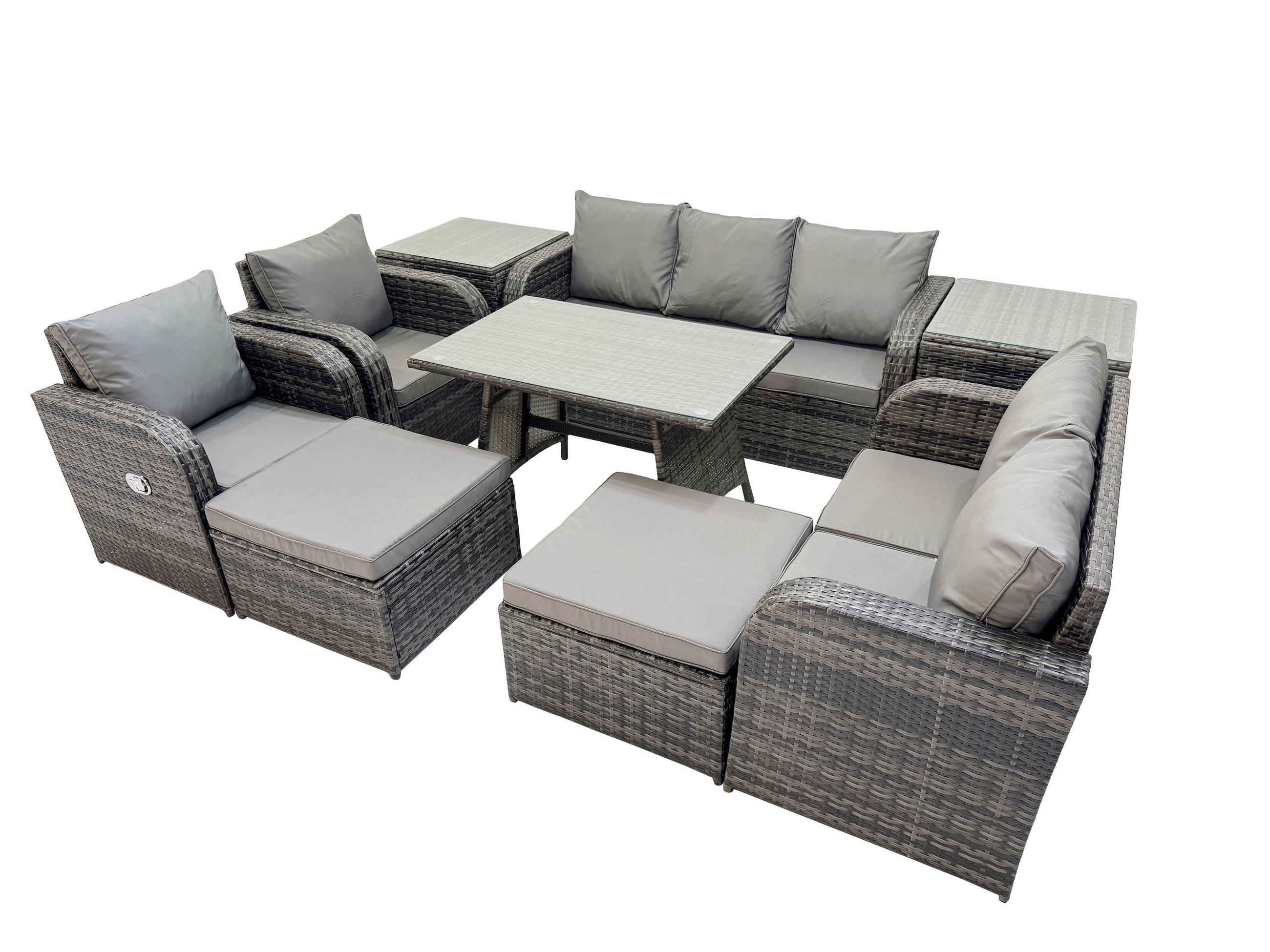 GARTENMÖBEL SET Polyrattan Dunkelgrau 9-Sitzer - Dunkelgrau/Grau, Glas/Kunststoff - Fimous