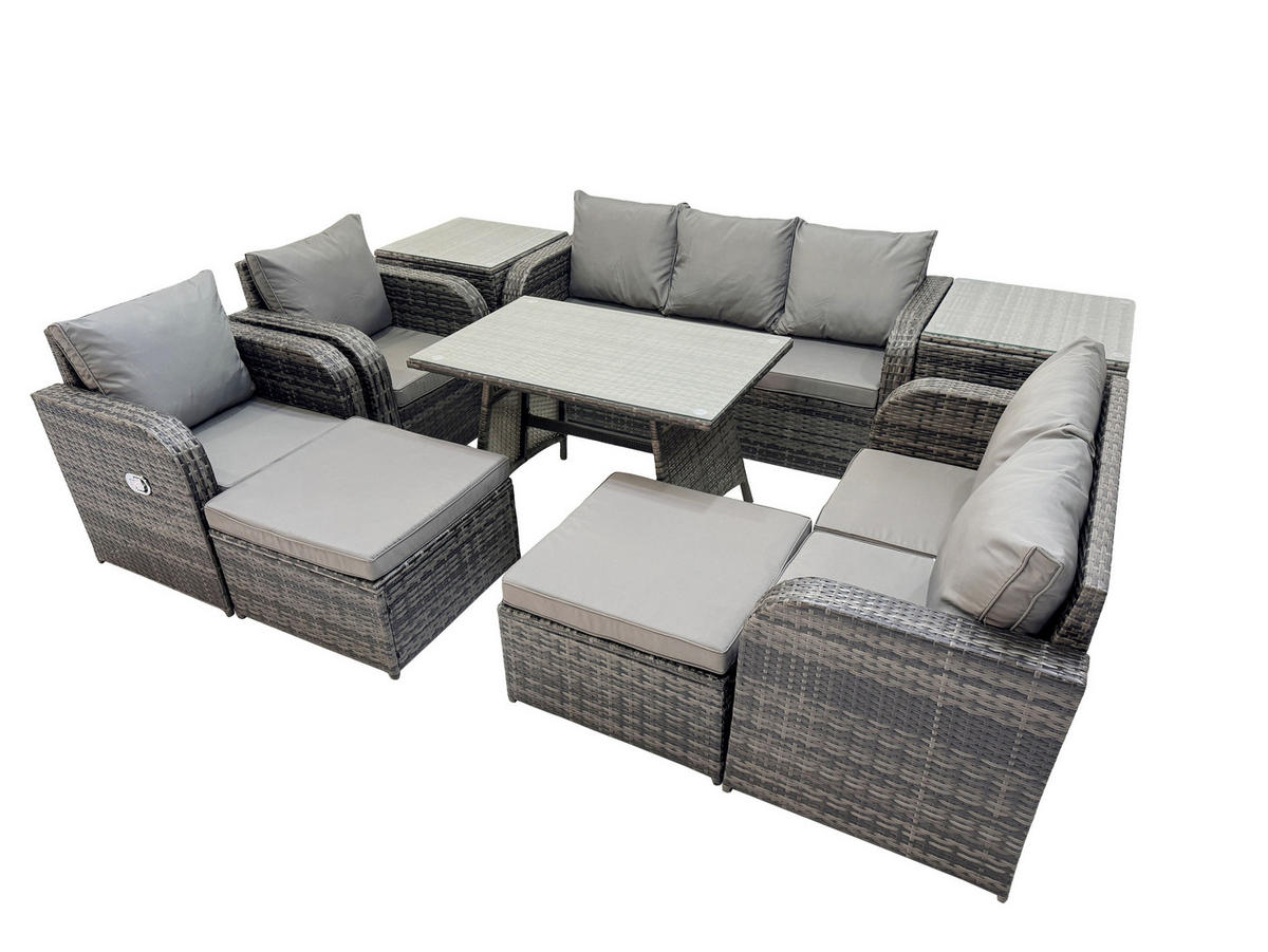 GARTENMÖBEL SET Polyrattan Dunkelgrau 9-Sitzer - Dunkelgrau/Grau, Glas/Kunststoff - Fimous