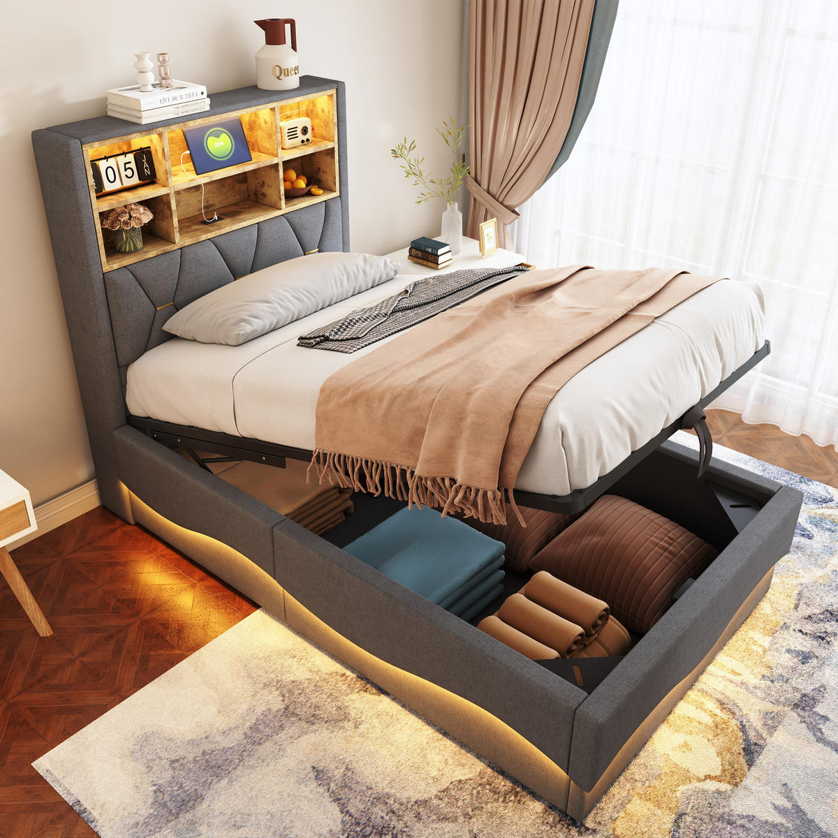 KINDERBETT 90/200 cm Grau mit hydraulischem Stauraum und LED-Beleuchtung - Grau, Metall (90/200cm) - OKWISH