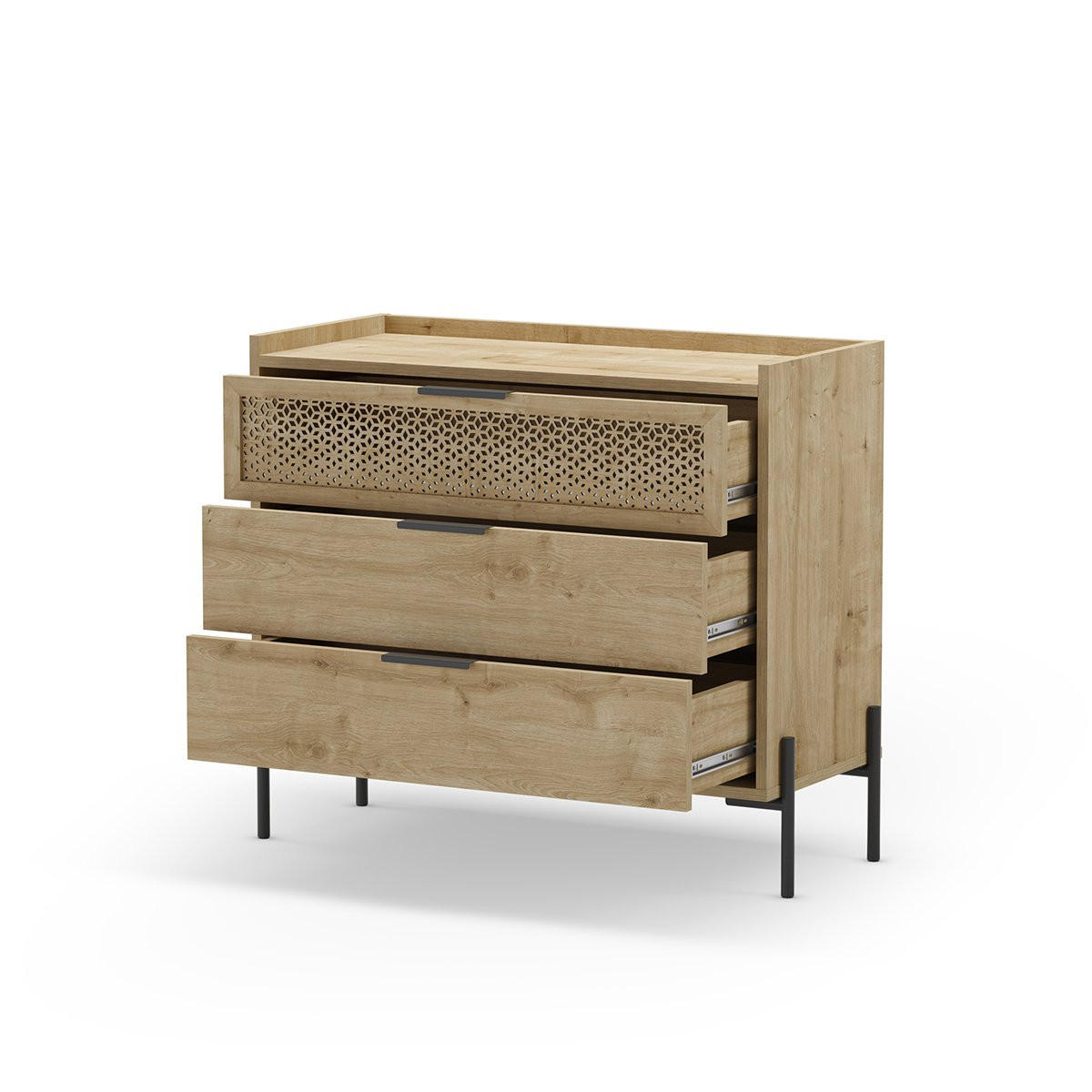 KOMODA Inca se 3 zásuvkami a kovovými nohami - Š90 cm - jabloňová, kompozitní dřevo (40/80/90cm) - Calicosy