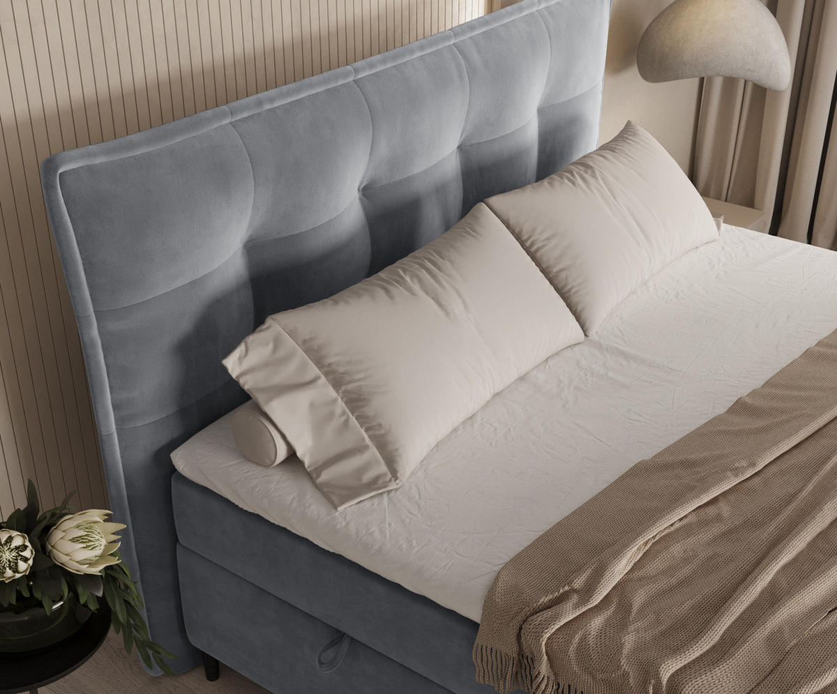BOXBETT Sinai Blau Grau 140/200 cm mit Taschenmatratze und Topper - Blaugrau/Schwarz, Holz/Holzwerkstoff (140/200cm) - Maison de Reve