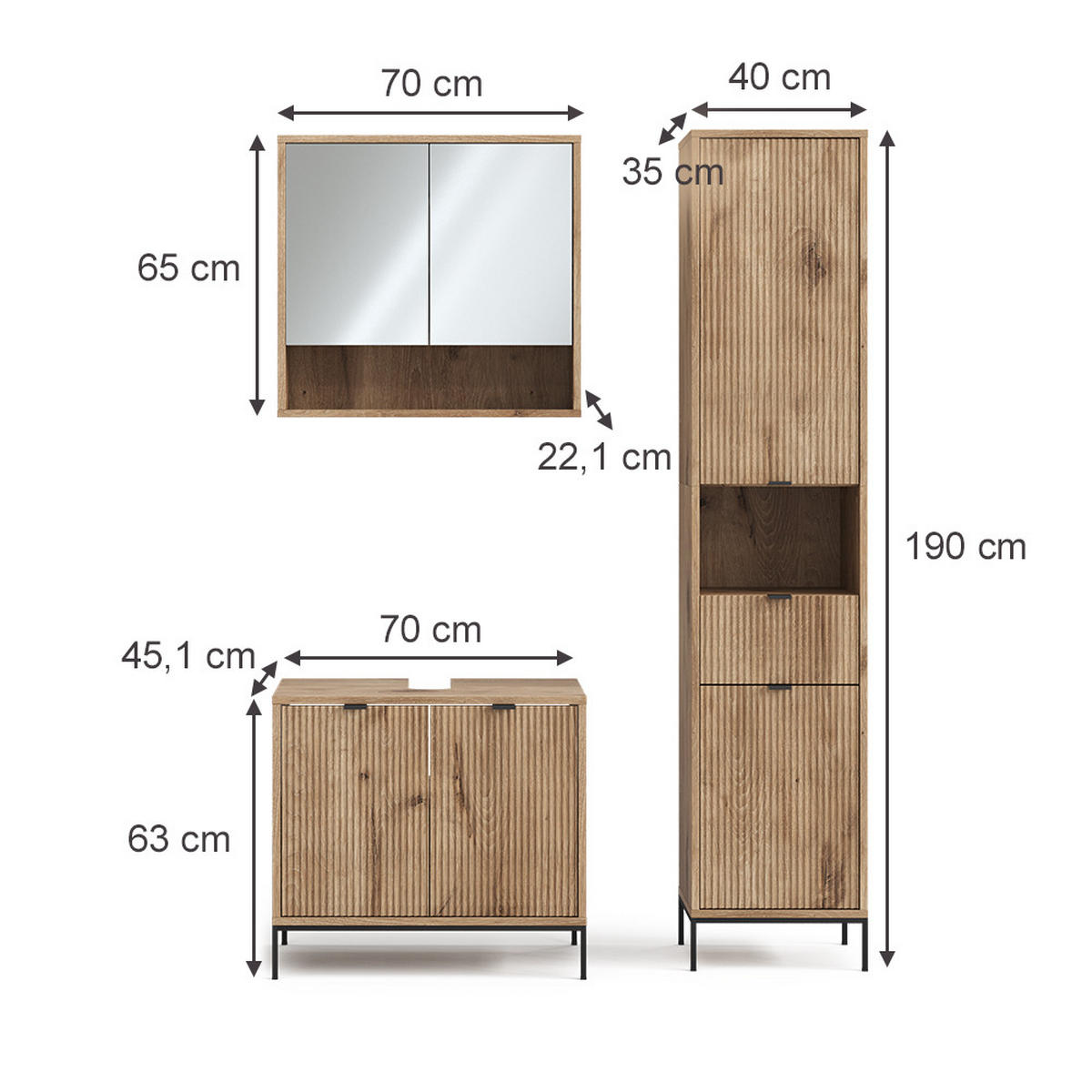 BADMÖBEL-SET Eliza Viking Oak 3 Teile, mit Hochschrank - Eiche Wotan, Holzwerkstoff (70/63/45cm) - Vicco