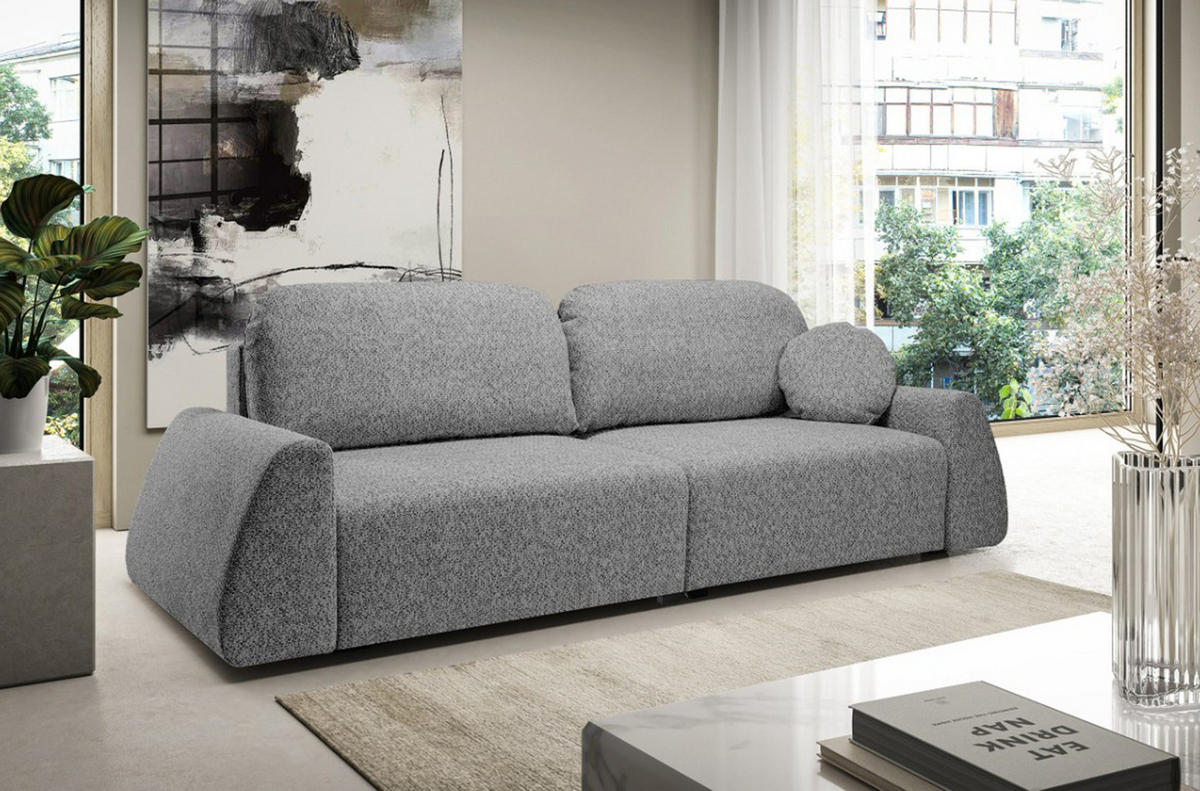 SCHLAFSOFA Moderne ALMI mit Schlaffunktion – 3-Sitzer Sofa mit Bettkasten, DL-Automat, 2 Rückenkissen, 260x100x80 cm, Grau - Grau, Holz/Textil (260/80/100cm) - DomoHome