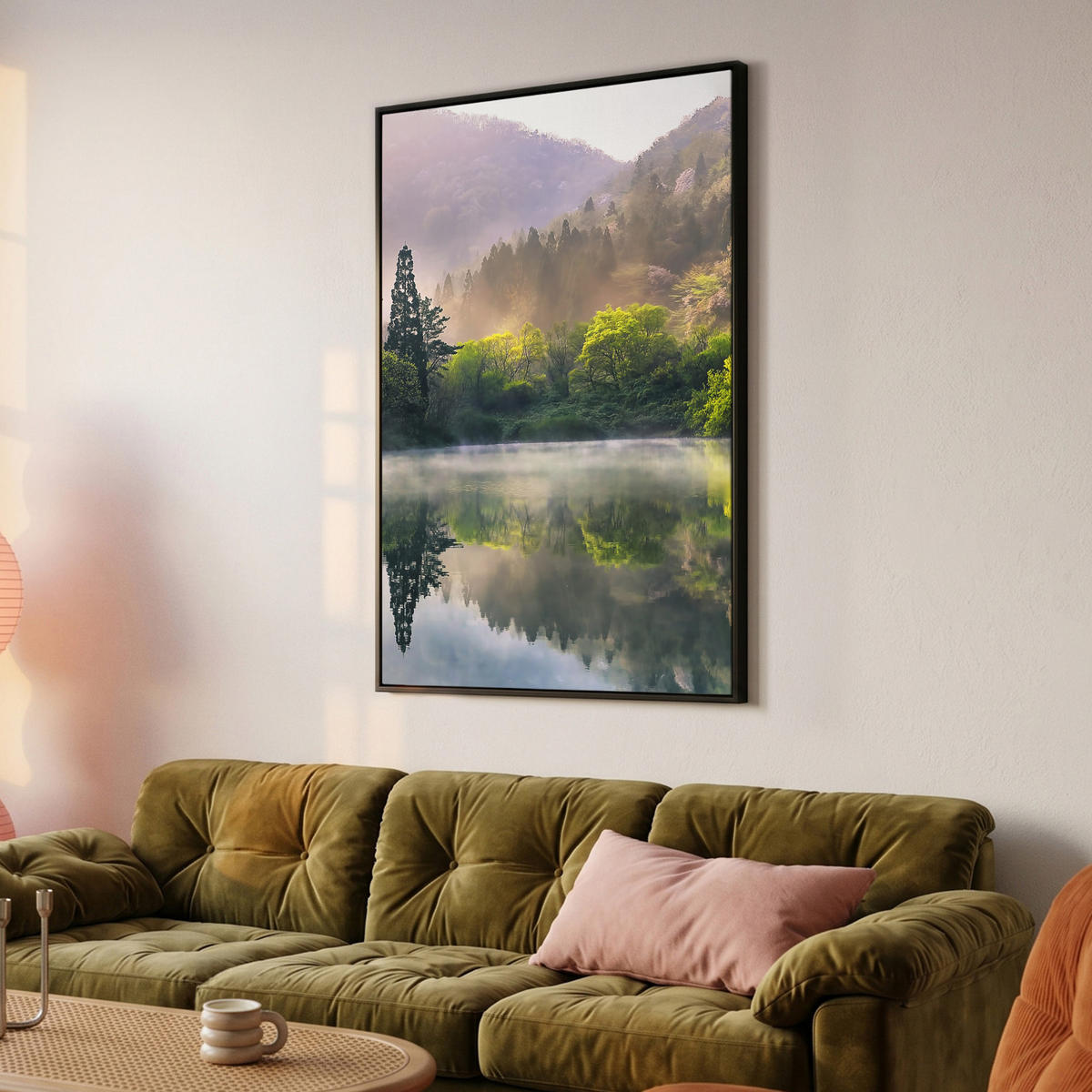 LEINWAND Bilder mit Rahmen - Natur - Bäume - Berge - See - Wasser - 100x150 - Hellgrün, Textil (100/150cm) - MuchoWow