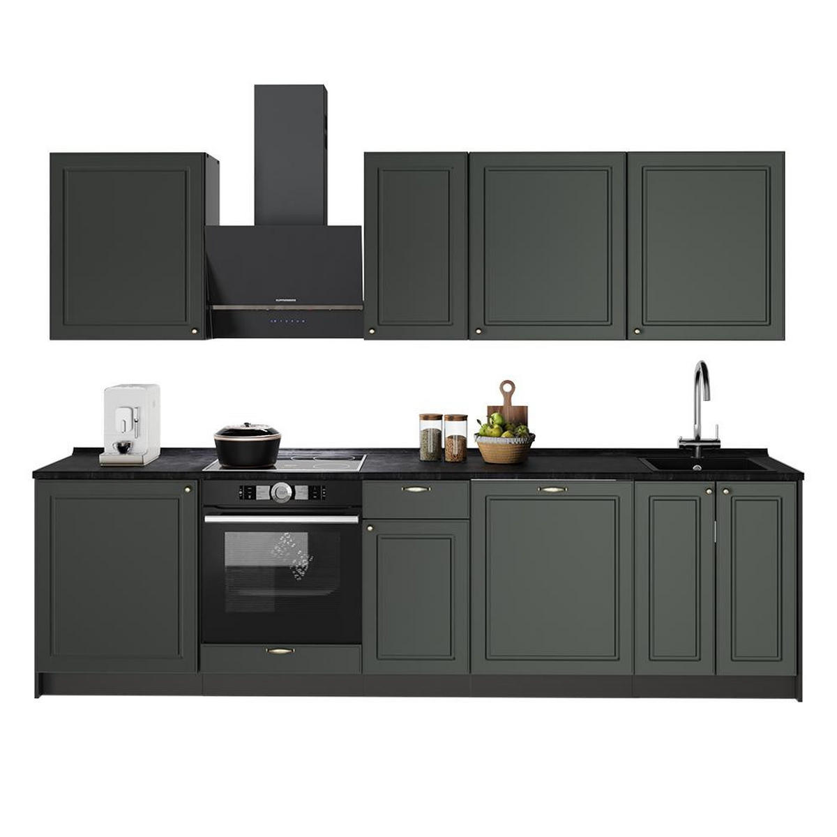 KÜCHENZEILE Fame-Line, Grün-Gold Landhaus/Anthrazit, 280 cm, AP Anthrazit - Anthrazit/Grün, Holzwerkstoff (280/206.8/60cm) - Vicco