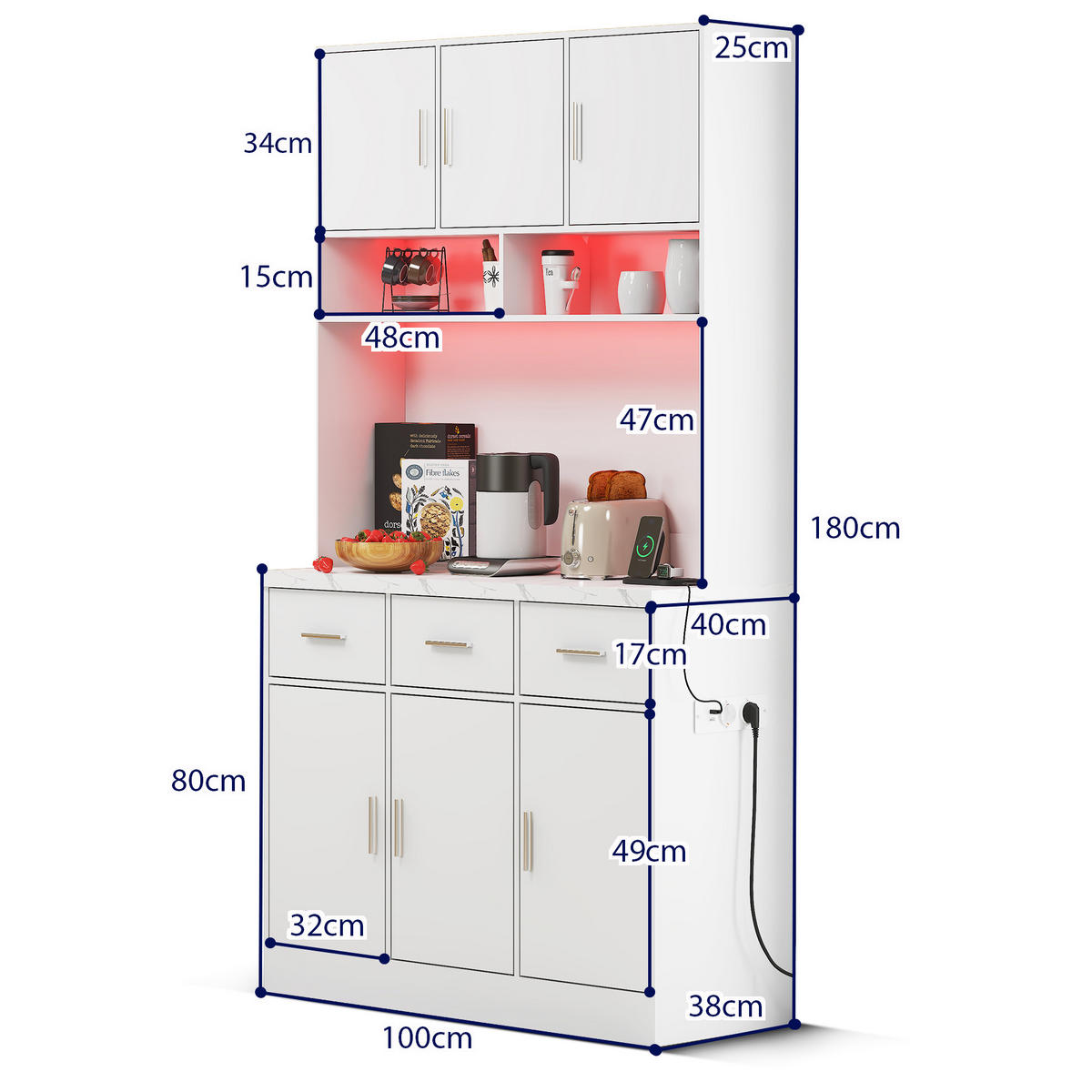 HIGHBOARD Weiß mit LED-Beleuchtung und Steckdosen - Weiß, Holzwerkstoff/Metall (100/180/40cm) - Urban Meuble