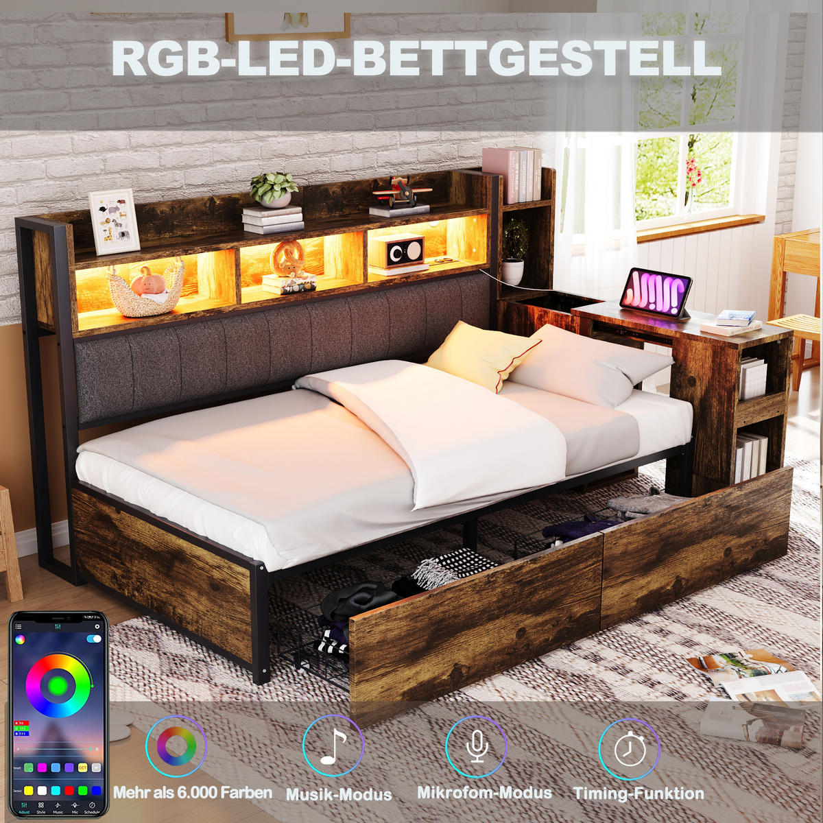POLSTERBETT 90x200 cm LED USB Schreibtisch holz - Naturfarben, Metall (90/200cm) - Fortuna Lai