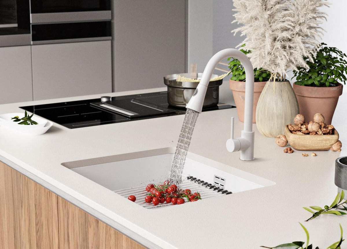 UNTERBAUSPÜLE GRANIT Praga, 2-er set Weiß 56/47 cm 1 Becken + Ablauf-Set + Aufrollbare Abtropffläche ab 60er Unterschrank - Chromfarben/Weiß, Kunststoff (56/20/47cm) - Primagran